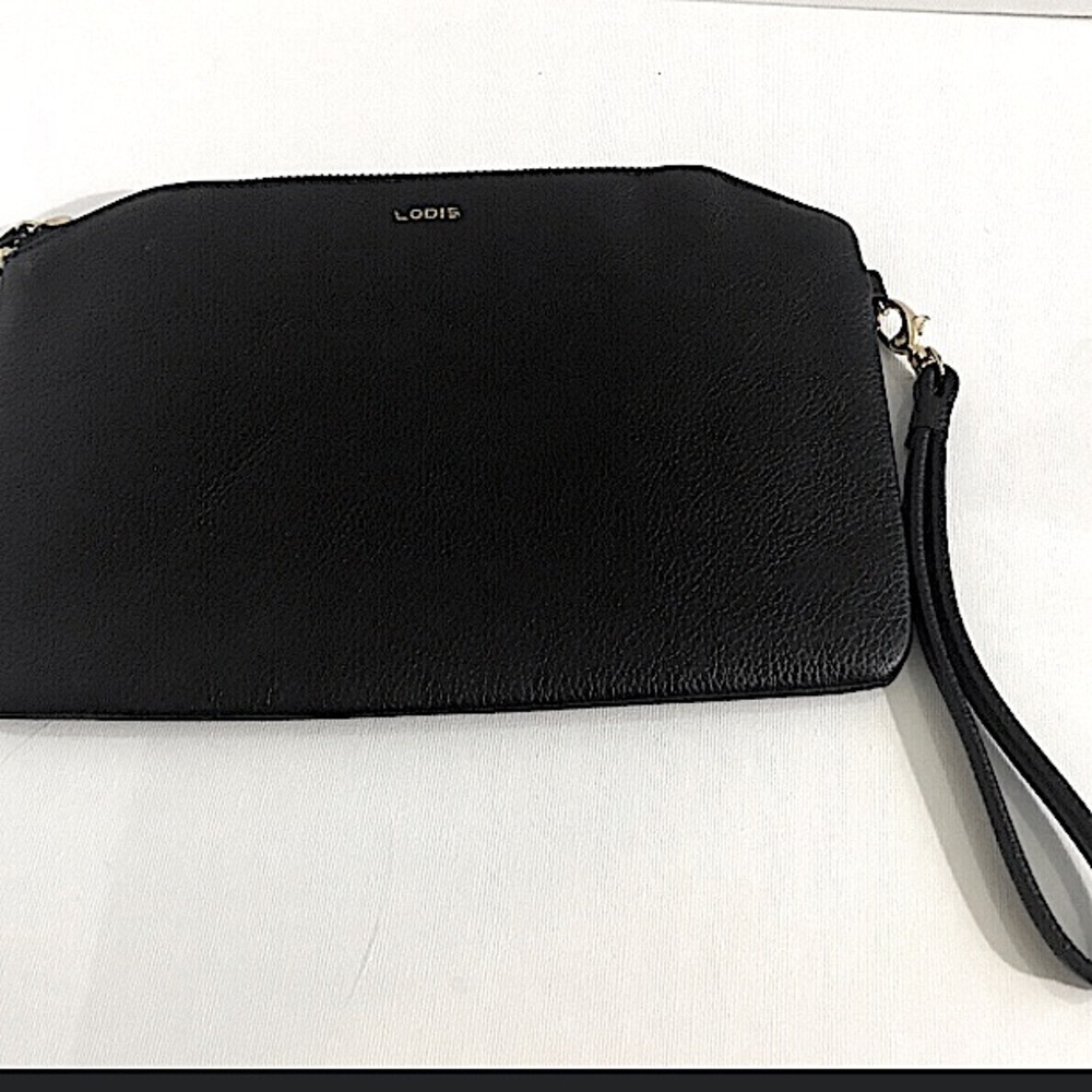 LODIS Dustine Eifel Black Pebble Leather Pouch Wristlet Bag Clutch.